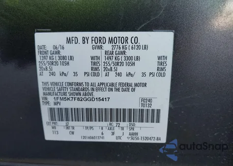 2016 Ford Explorer Limited z USA, uszkodzony, nr VIN 1FM5K7F82GGD15417